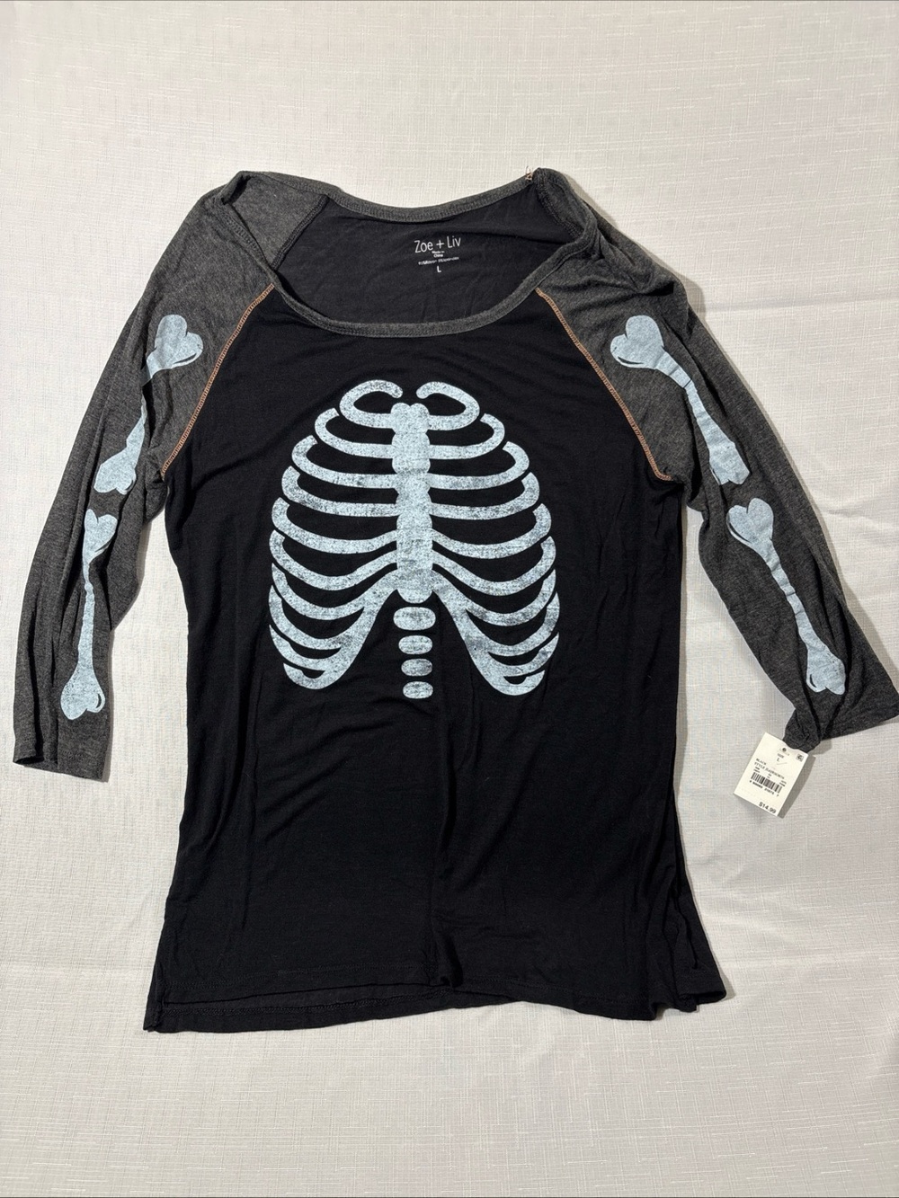 Zoe + Liv Black & Charcoal Skeleton Graphic Raglan Top NWT